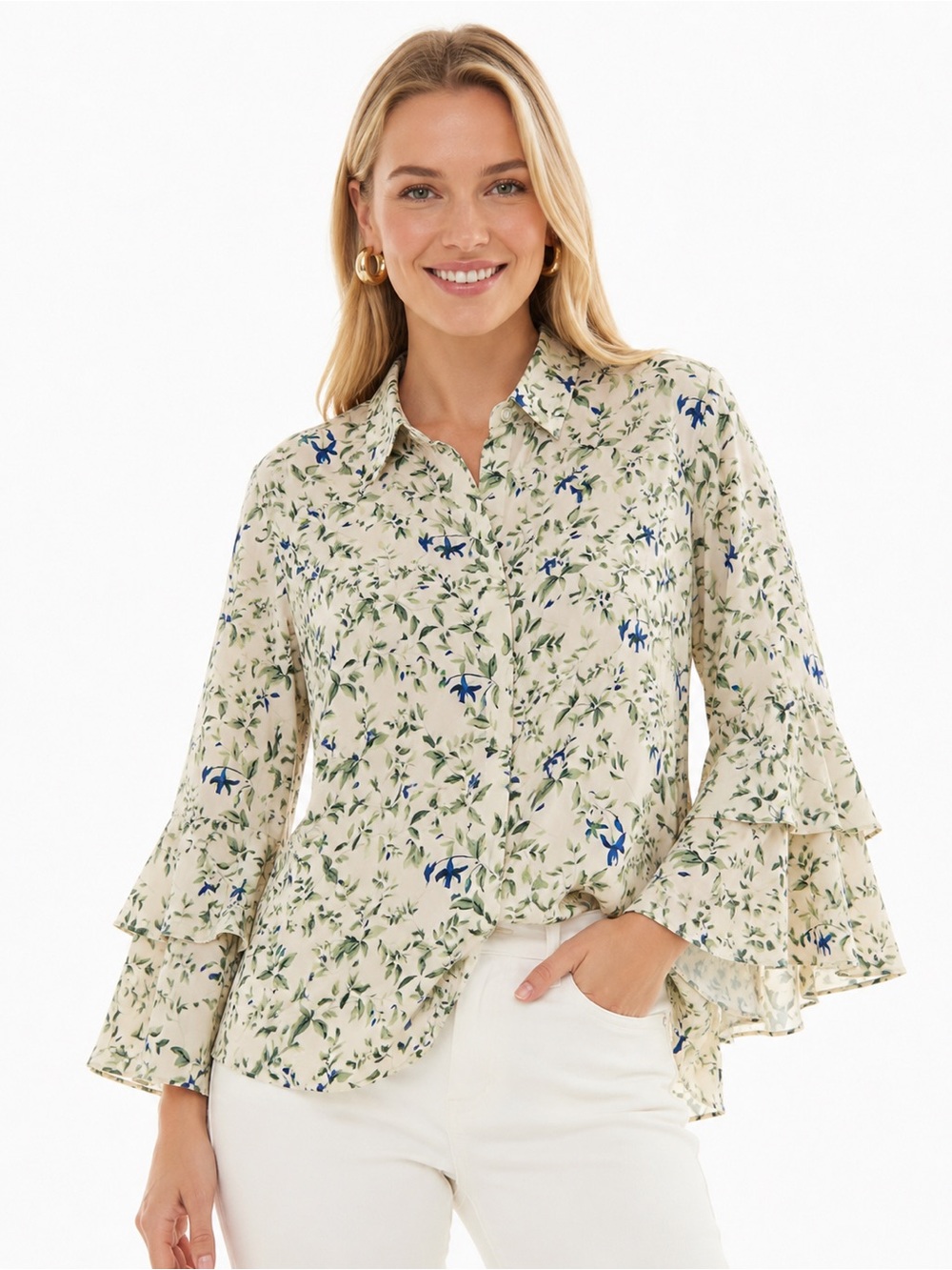 Tuckernuck Cream Button-Down Blouse with Blue & Green Floral Print